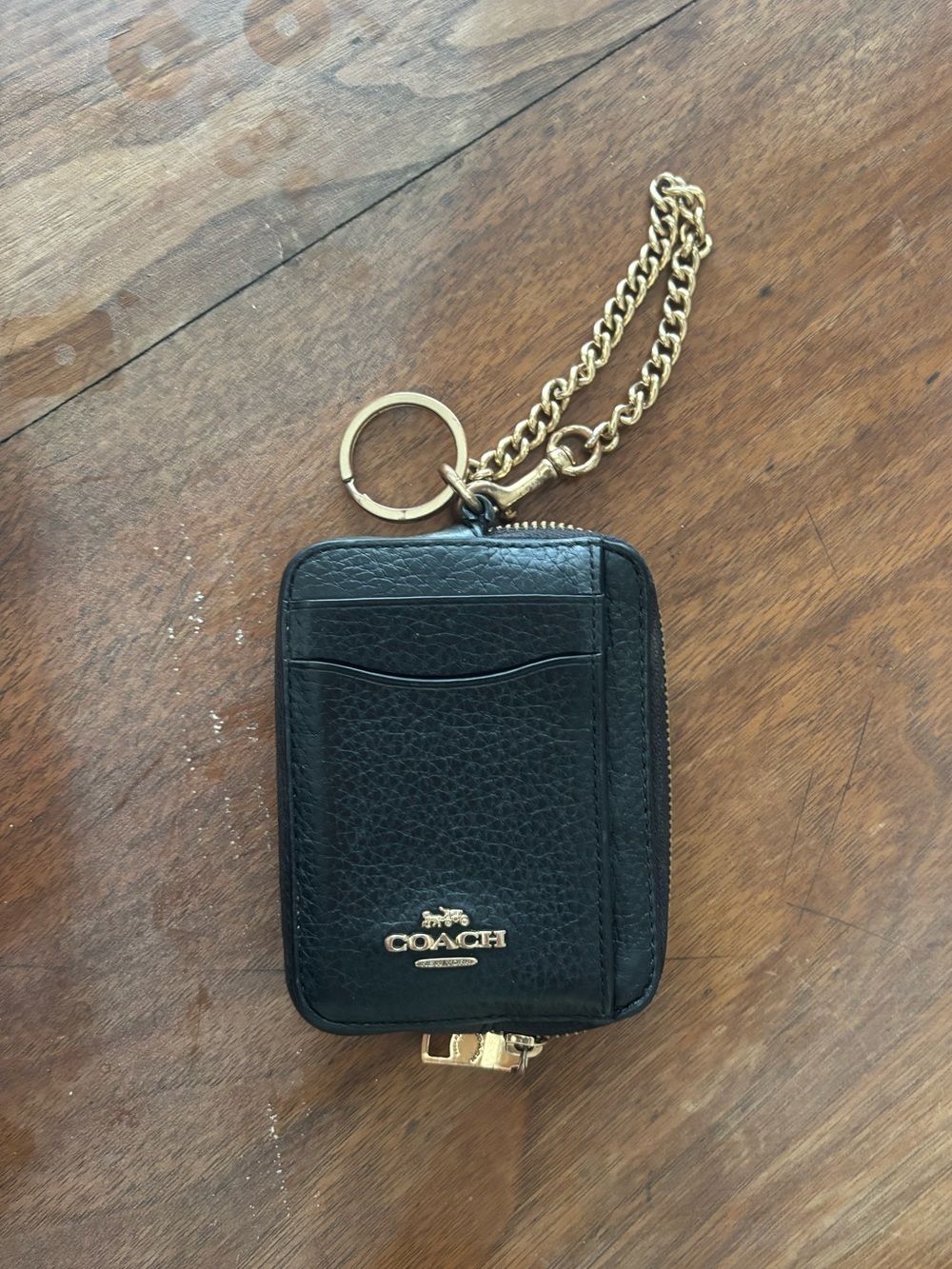 COACH Black Pebbled Leather Zip Card Case with Gold Chain Keyring